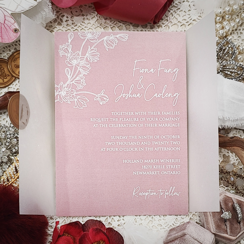 Invitation 8107: Blush Pearl, Gold Wax - full color print layout with vellum wrap and double Happiness gold wax seal