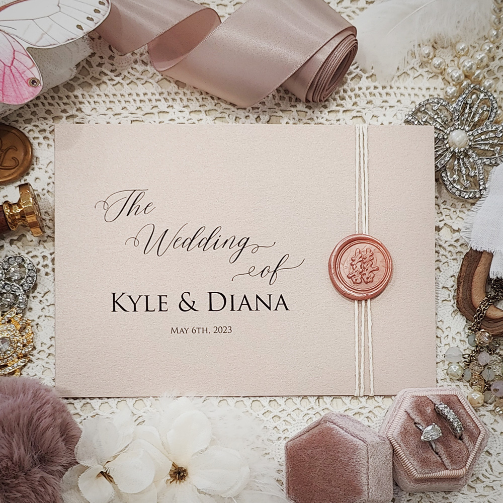 Invitation 8110: Blush Pearl, Blush Wax, String Ribbon - blush Chinese invitaton bifold with string and blush wax seal