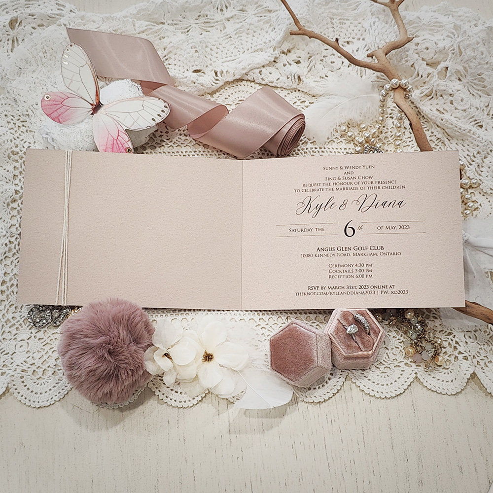 Invitation 8110: Blush Pearl, Blush Wax, String Ribbon - blush Chinese invitaton bifold with string and blush wax seal