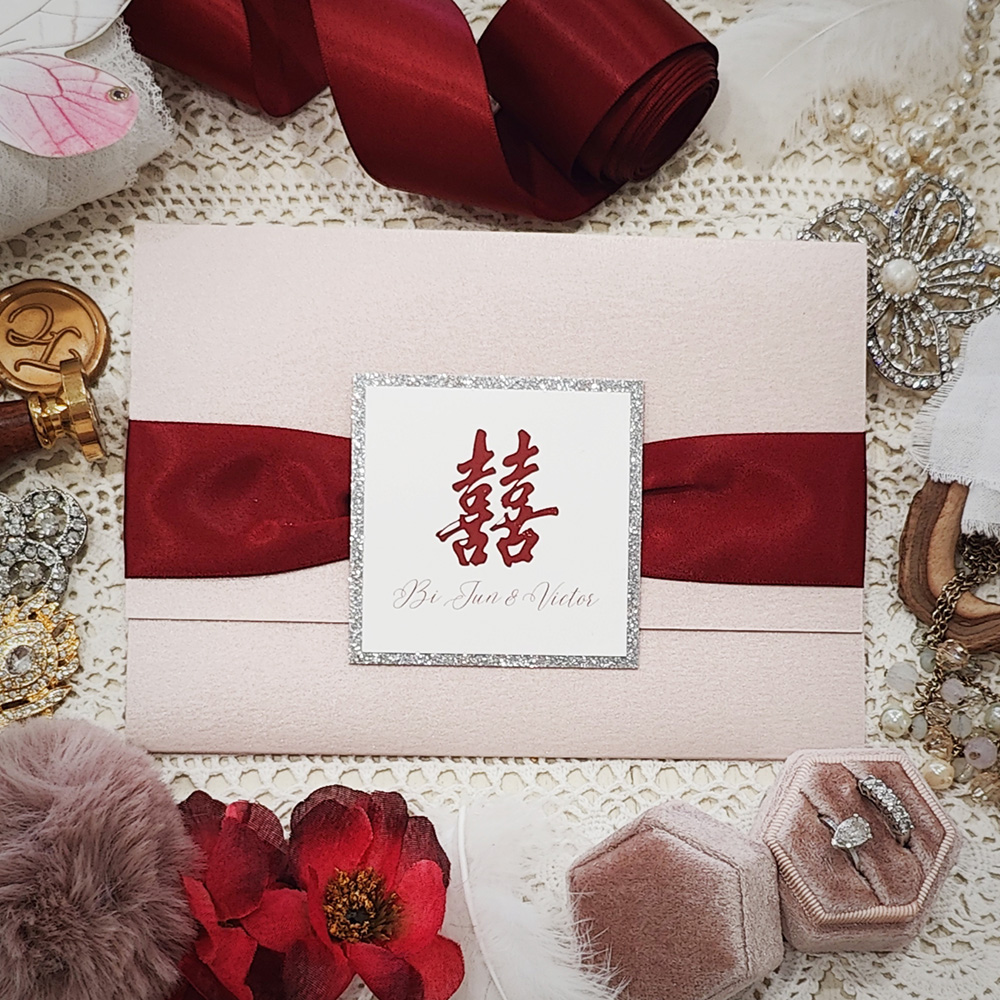 Invitation 8111: Blush Pink, Silver Glitter, Cream Smooth, Sherry Ribbon - blush Chinese trifold with ribbon and silver glitter layered tag