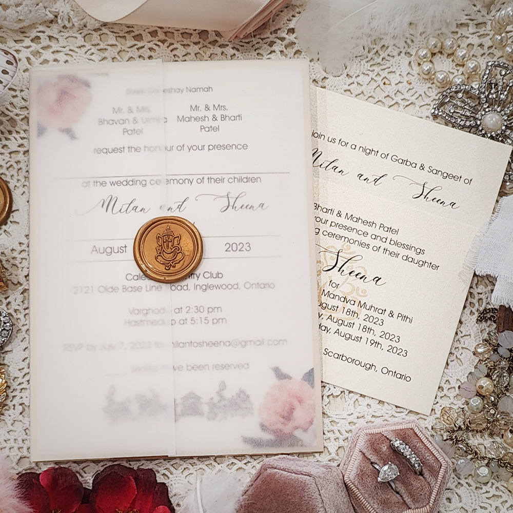 Invitation 8112: White Gold, Gold Wax - floral layered card with vellum wrap and Ganesh gold wax seal