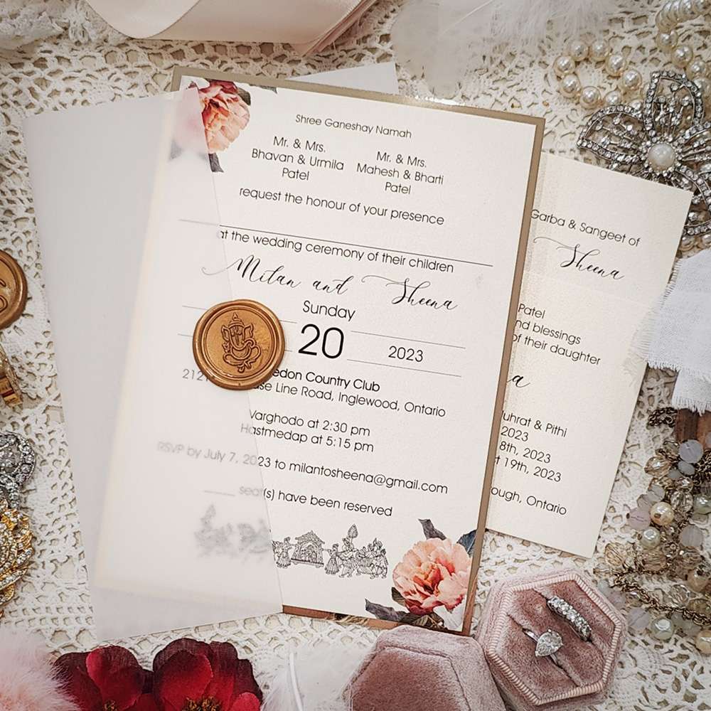 Invitation 8112: White Gold, Gold Wax - floral layered card with vellum wrap and Ganesh gold wax seal