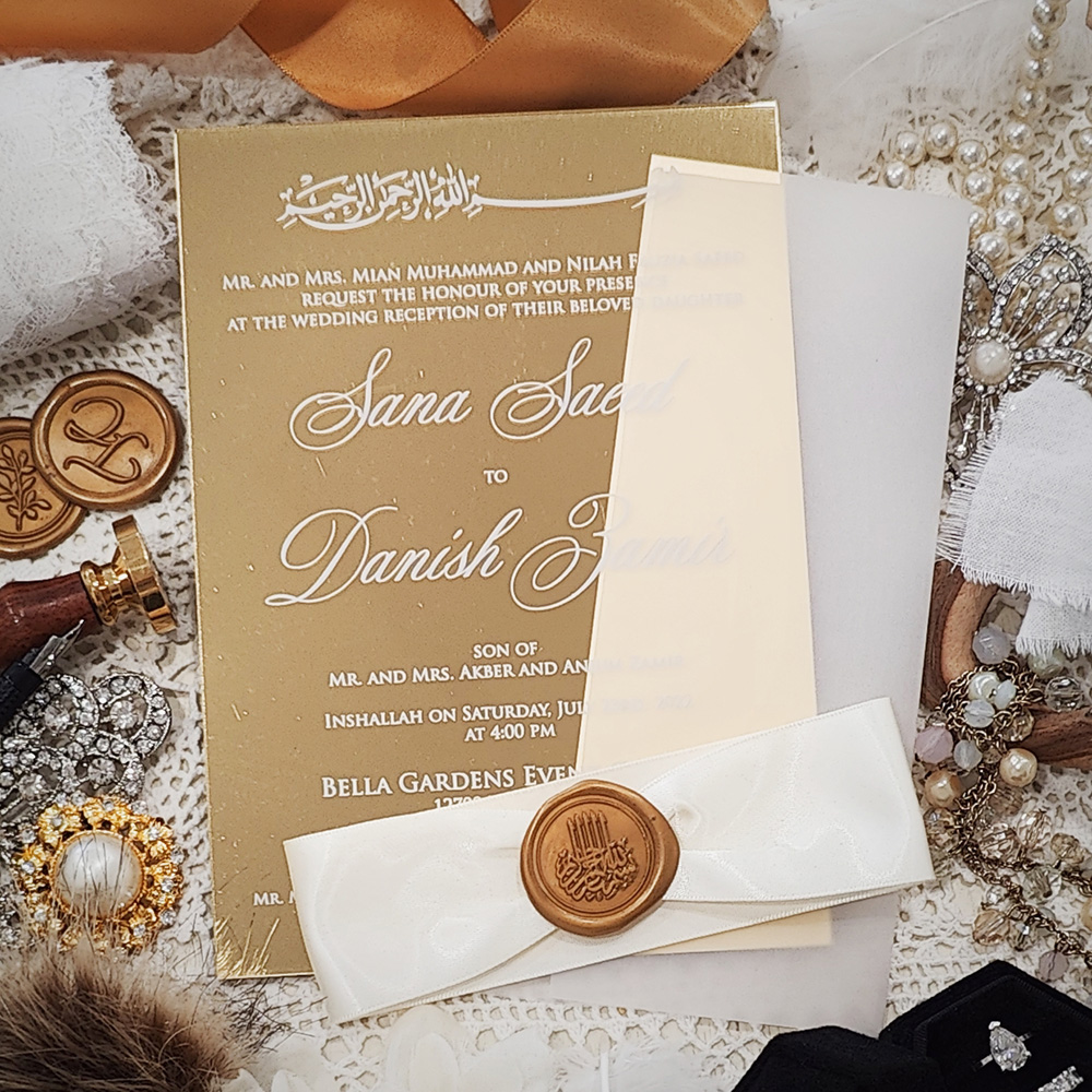 Invitation 8115: Acrylic - Mirror, Gold Wax, Antique Ribbon - gold mirror acrylic with vellum wrap and antique ribbon with gold wax seal and bismillah stamp