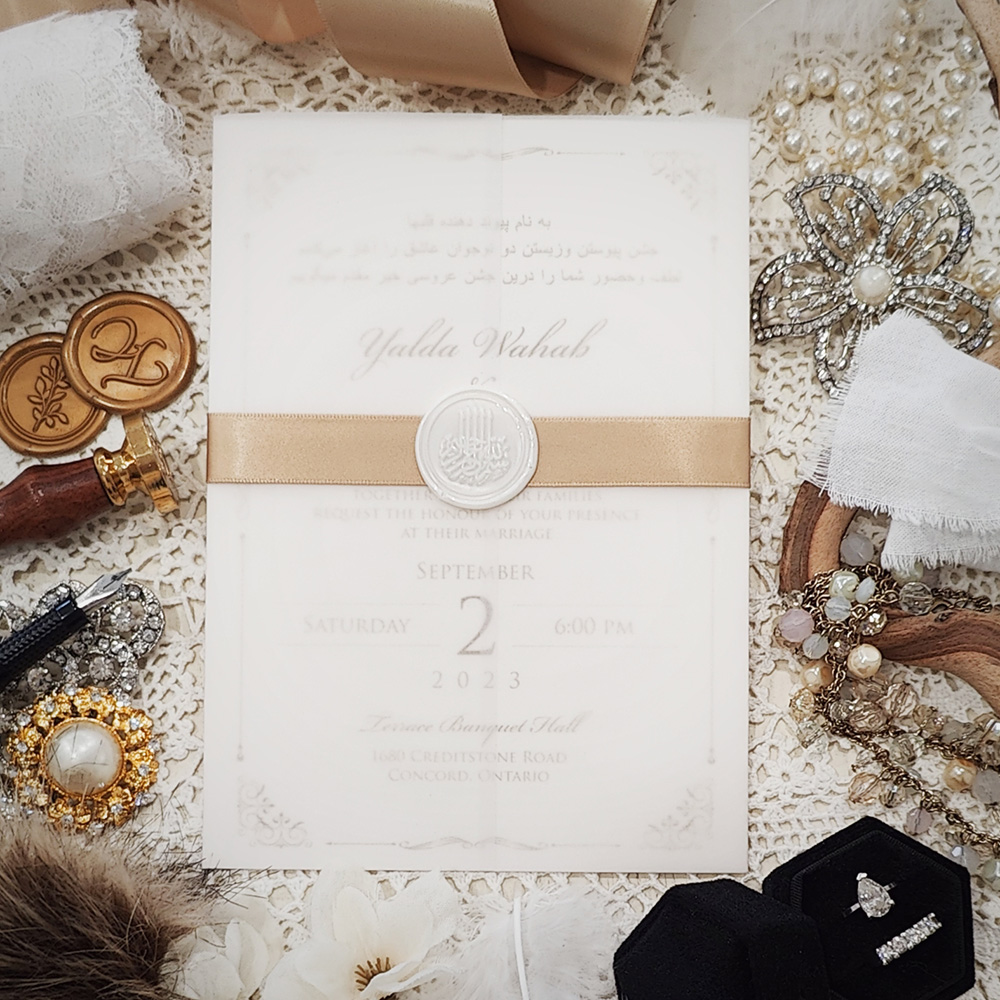 Invitation 8116: White Gold, Ivory Wax, Champagne Ribbon - White gold panel with vellum wrap and champagne ribbon with wax seal