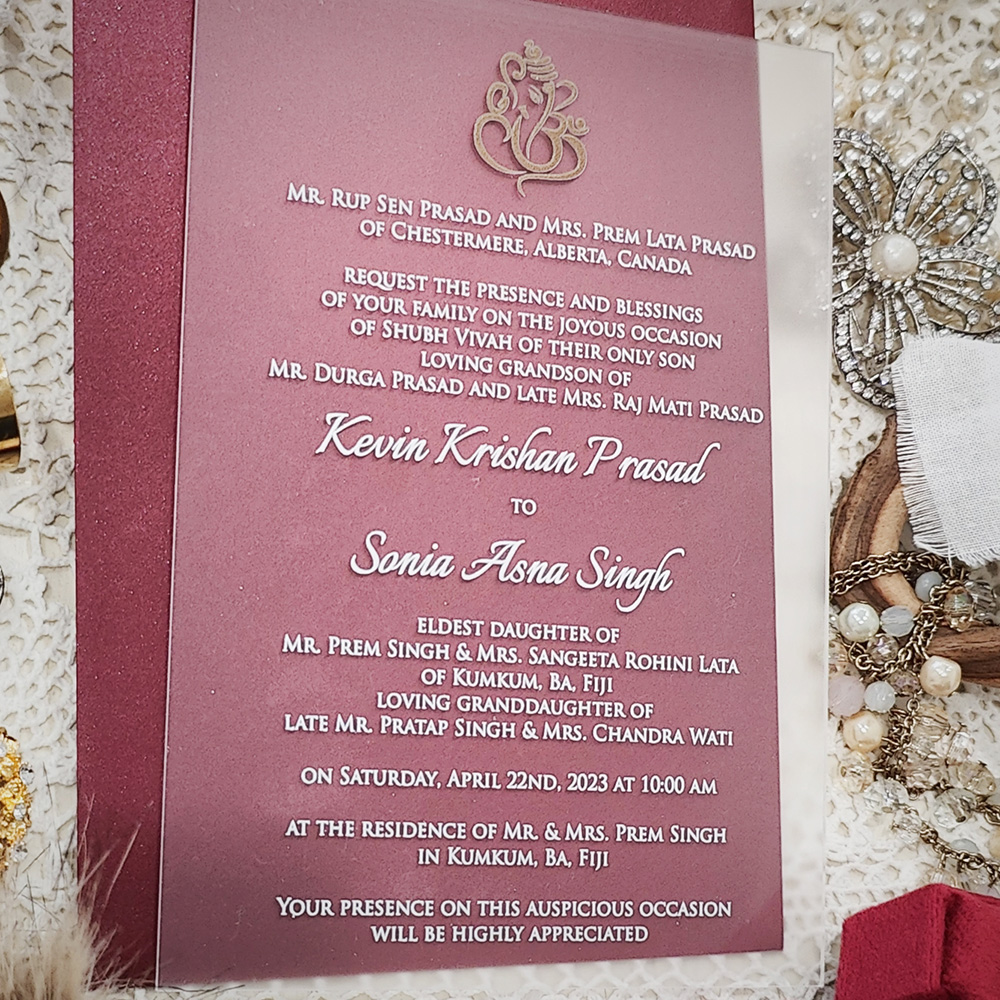 Invitation 8120: Acrylic - Clear - acrylic invitation with gold Ganesh and white lettering