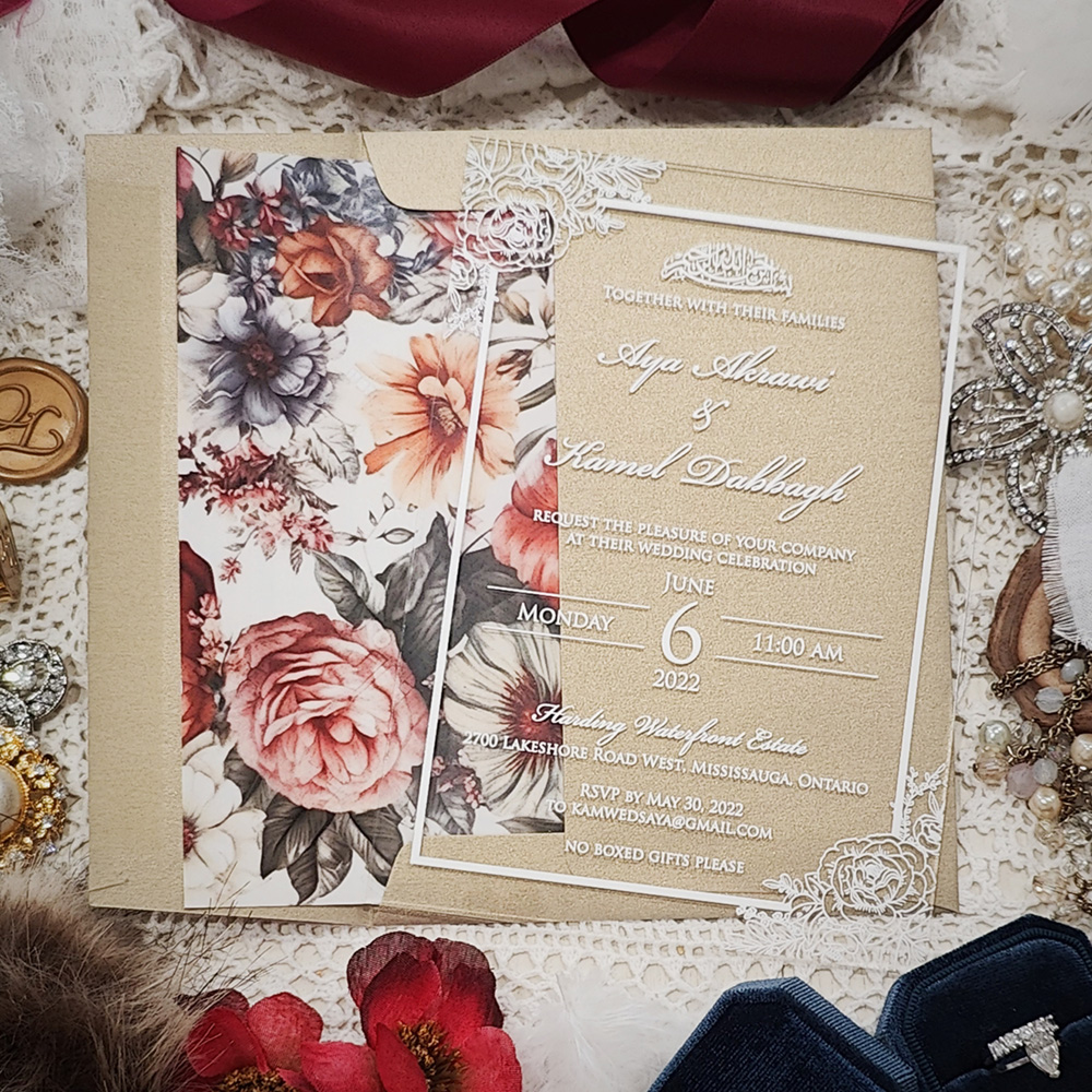 Invitation 8121: Acrylic - Clear - acrylic invitation in white ink with Bismillah and floral border