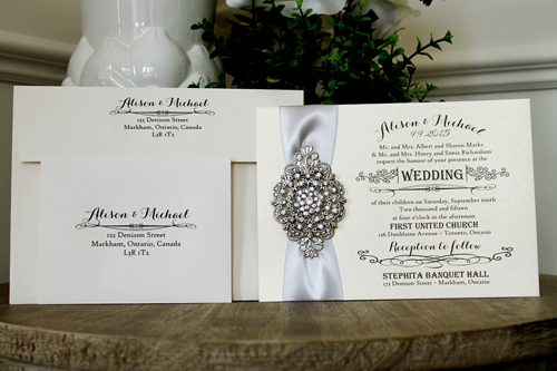 Invitation 1304: White Gold, Silver Ribbon, Brooch/Buckle A20, Metal Filigree F4 - Silver