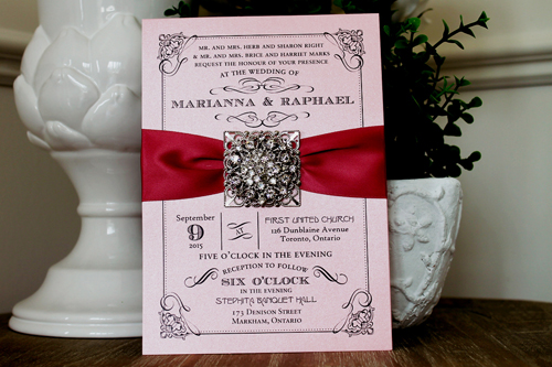 Invitation 1306: Pink Pearl, Dusty Rose Ribbon, Brooch/Buckle X, Metal Filigree F5 - Silver