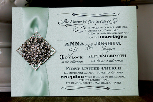 Invitation 1309: Honeydew Pearl, Icy Mint Ribbon, Brooch/Buckle X, Metal Filigree F5 - Silver