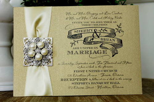 Invitation 1311: Gold Pearl, Buttermilk Ribbon, Brooch/Buckle T, Metal Filigree F5 - Silver