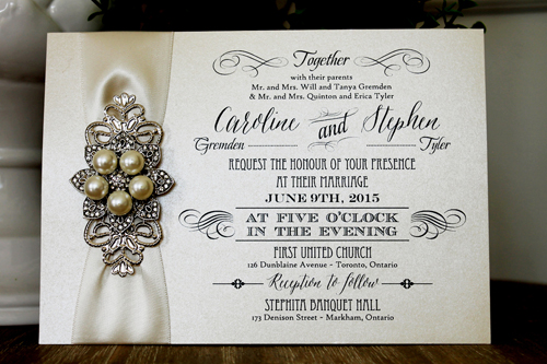 Invitation 1312: Buttermilk Pearl, Antique Ribbon, Brooch/Buckle T, Metal Filigree F4 - Silver