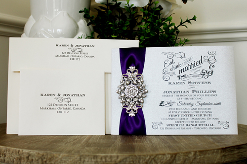 Invitation 1329: Silver Ore, Purple Ribbon, Brooch/Buckle A11, Metal Filigree F4 - Silver