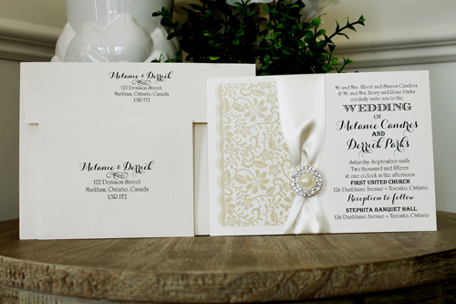 Invitation 1336: Cream Smooth, Antique Ribbon, Brooch/Buckle G