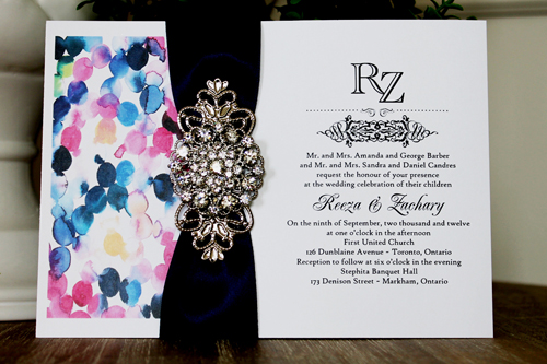 Invitation 1339: Ice Pearl, White Smooth, Navy Ribbon, Brooch/Buckle X, Metal Filigree F4 - Silver