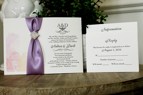 Invitation 1340: Cream Smooth, Lavender Ribbon, Brooch/Buckle I