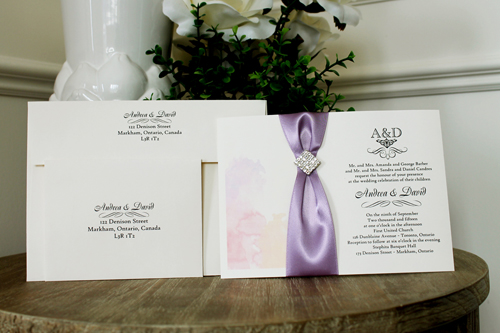 Invitation 1340: Cream Smooth, Lavender Ribbon, Brooch/Buckle I