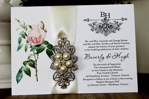 Invitation 1341: White Smooth, Antique Ribbon, Brooch/Buckle T, Metal Filigree F4 - Silver