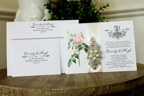 Invitation 1341: White Smooth, Antique Ribbon, Brooch/Buckle T, Metal Filigree F4 - Silver