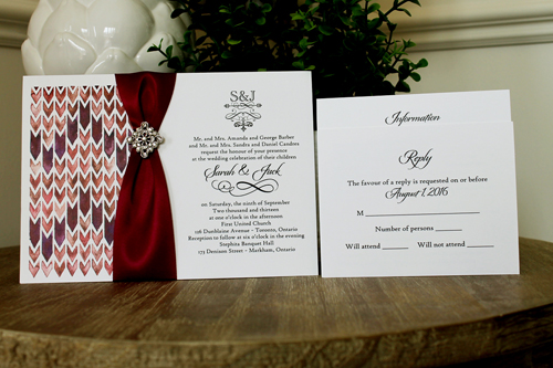 Invitation 1345: White Smooth, Wine Ribbon, Brooch/Buckle A22