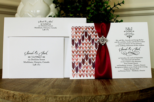 Invitation 1345: White Smooth, Wine Ribbon, Brooch/Buckle A22