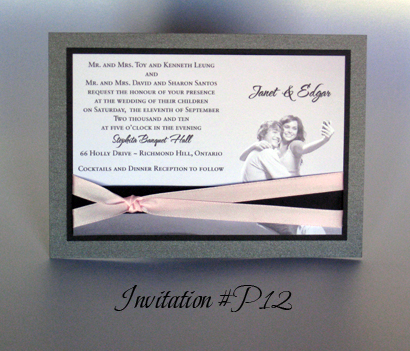 Invitation P12: Charcoal Pearl, Black Linen, White Smooth, Black Ribbon, Pink Ribbon