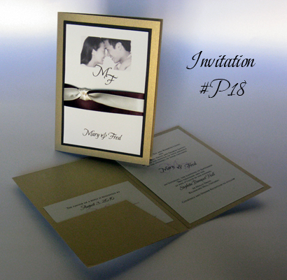 Invitation P18: Gold Pearl, Black Linen, Cream Smooth, Eggplant Ribbon, Cream Ribbon