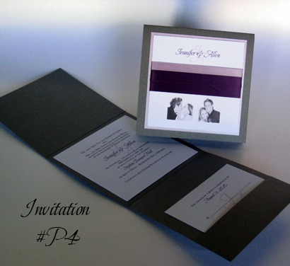 Invitation P4: Charcoal Pearl, Lilac Pearl, White Smooth, Lavender Ribbon, Purple Ribbon