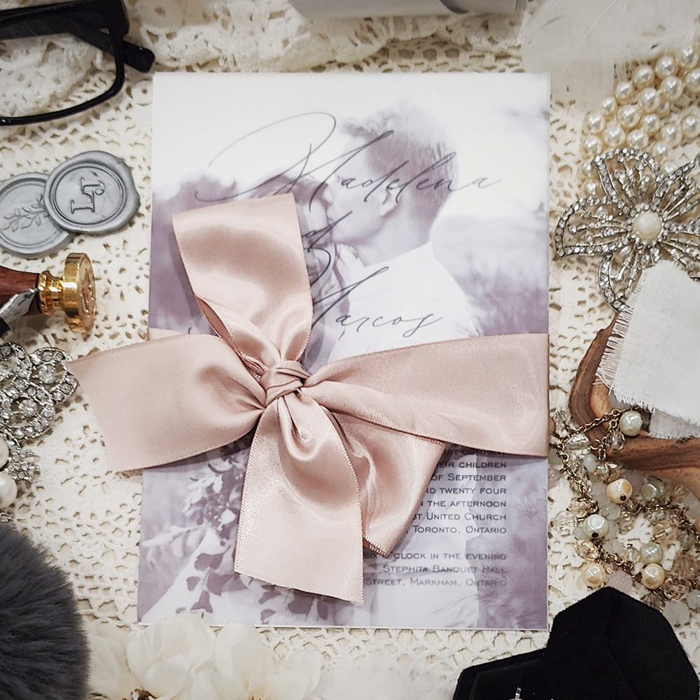 Invitation 3902: Matte White, Champagne Ribbon - photo invitation on ice pearl with vellum layer and blush satin bow