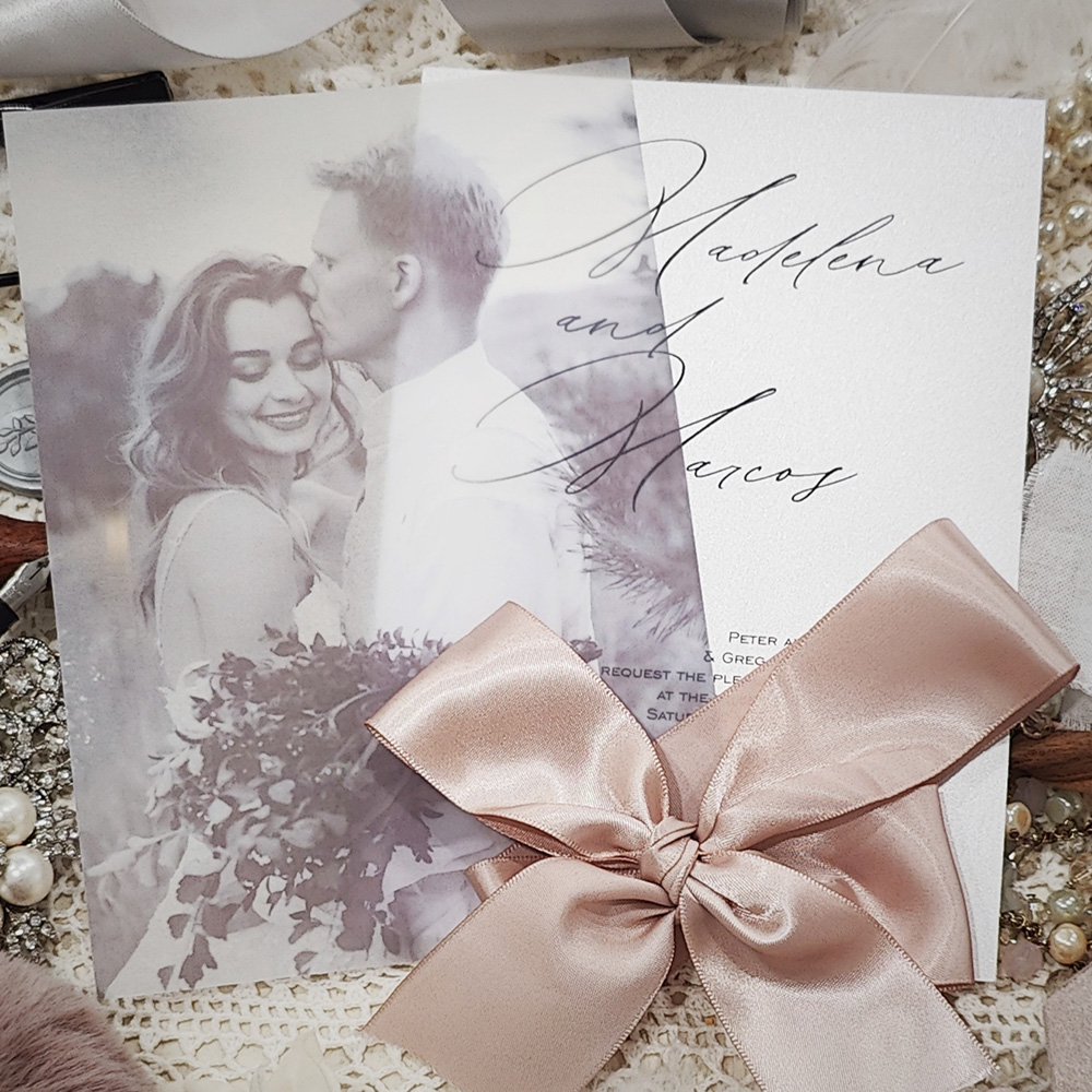 Invitation 3902: Matte White, Champagne Ribbon - photo invitation on ice pearl with vellum layer and blush satin bow