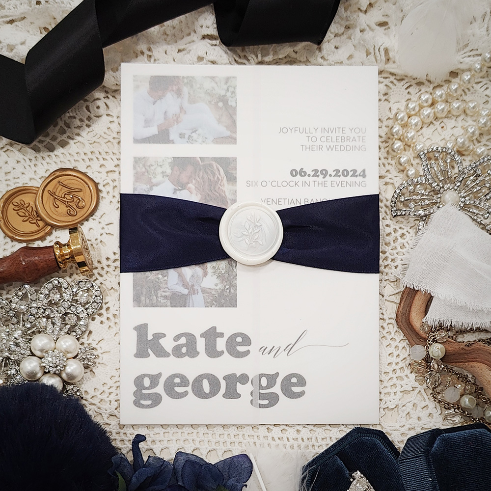 Invitation 3905: Matte White, Ivory Wax, Navy Ribbon - photo invitation with vellum wrap and ribbon and wax seal on matte white