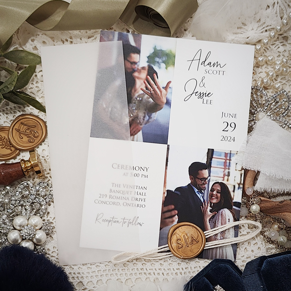 Invitation 3908: Matte White, Gold Wax, String Ribbon - collage style photo invitation with vellum wrap and string with gold wax seal on white matte paper