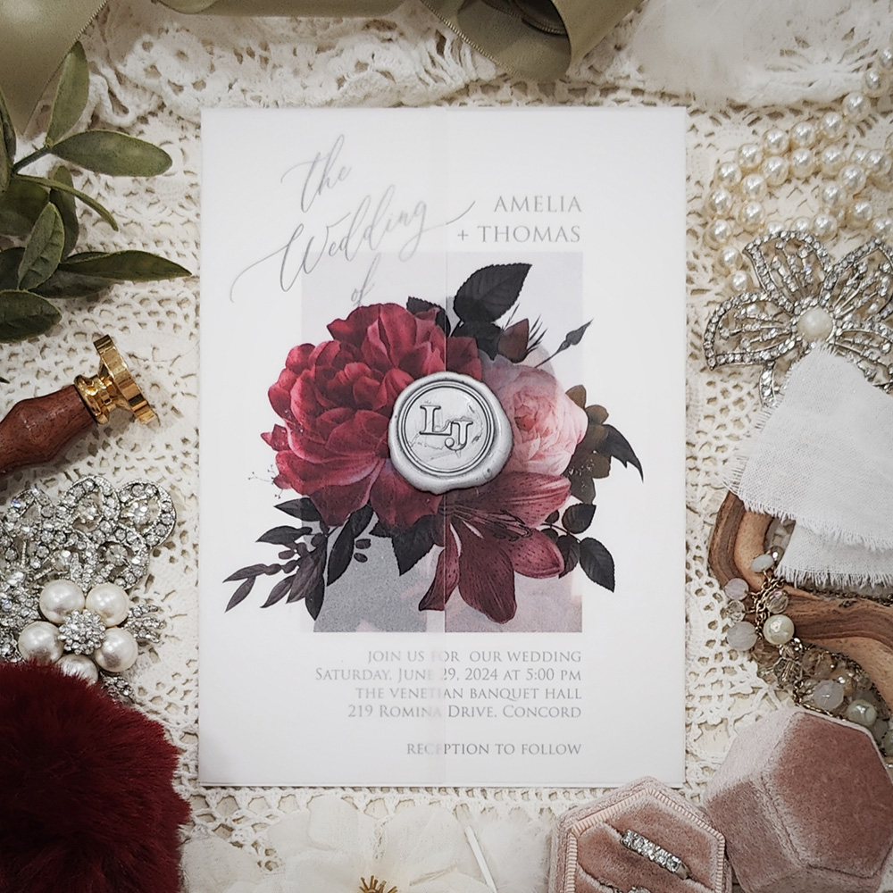 Invitation 3910: Matte Cream, Silver Wax - photo invitation with floral vellum wrap and silver wax seal on matte white paper