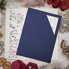 Invitation 3400: Navy Pearl, Cream Smooth - Navy pocket with a slanted cut with a loose insert.