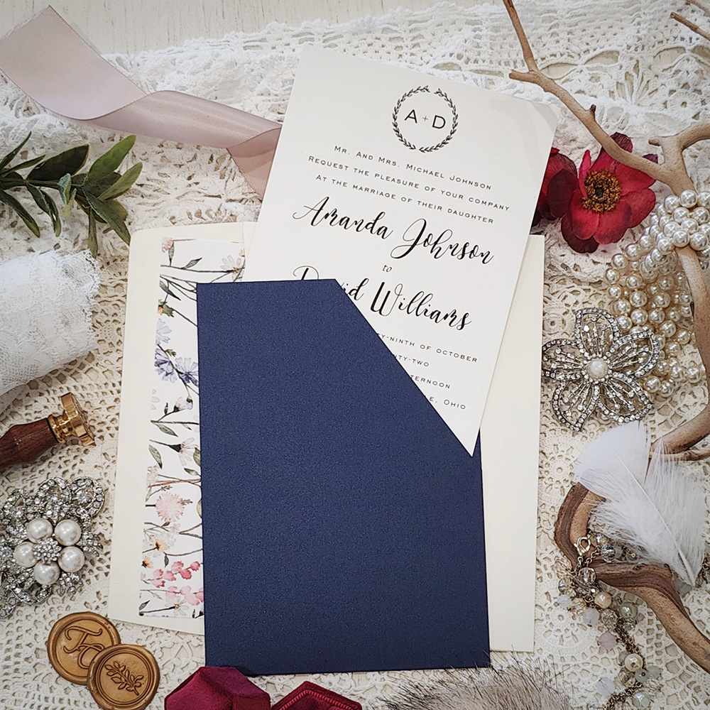 Invitation 3400: Navy Pearl, Cream Smooth - Navy pocket with a slanted cut with a loose insert.