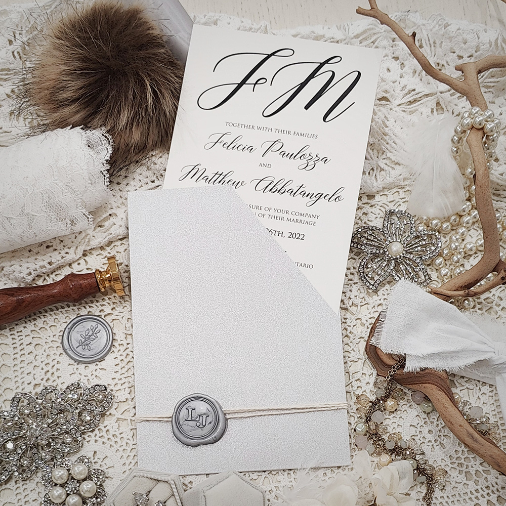 Invitation 3401: Silver Ore, Silver Wax, String Ribbon - Silver pocket design with a loose insert and string and wax seal wrapped.