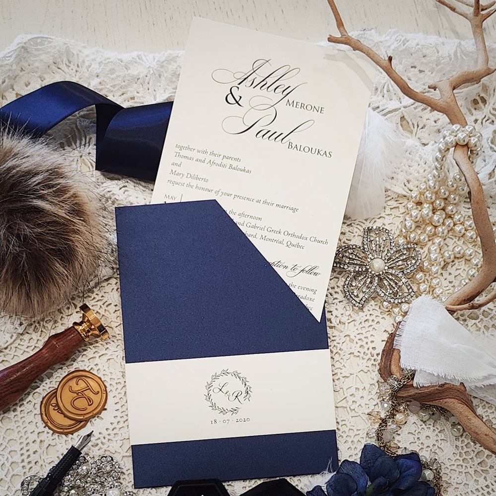 Invitation 3402: Navy Pearl, Cream Smooth - Navy pocket style with a cream belly band wrapped around.