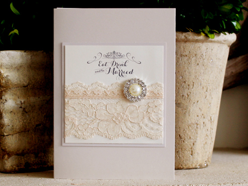 Invitation 1200: Iridescent Pearl, Stone - Trifold wedding card with lace, cover tag, and brooch.