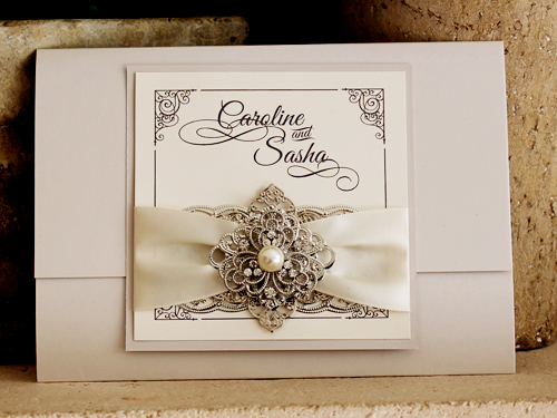 Invitation 1233: Iridescent Pearl, Stone, Brooch/Buckle A1, Metal Filigree F6 - Silver