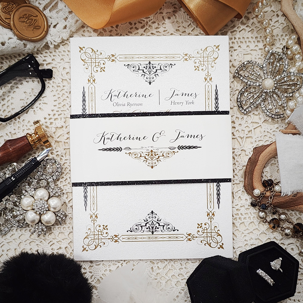 Invitation 3105: Ice Pearl, Black Glitter - Pocketfold wedding card with a layered glitter belly band wrap.