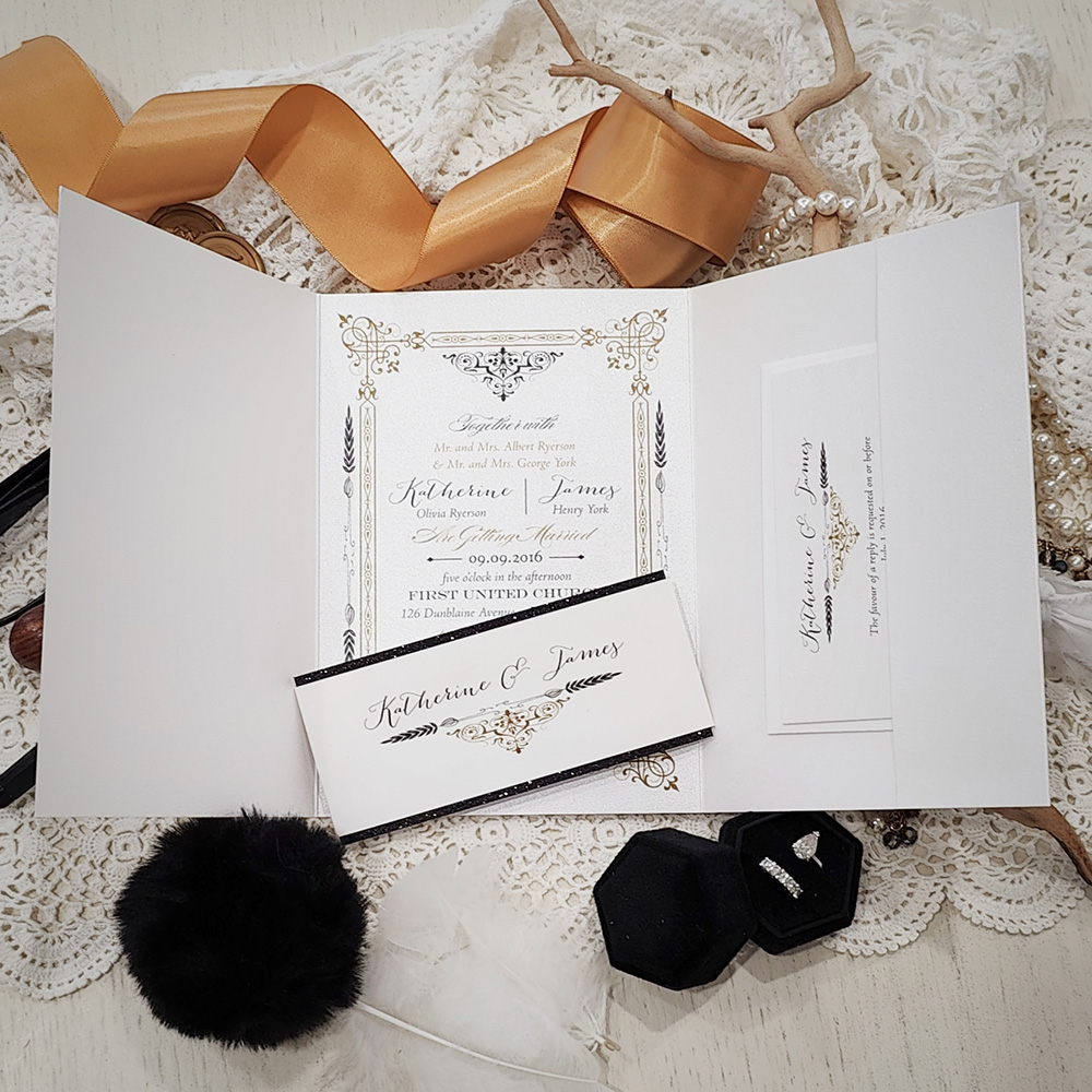 Invitation 3105: Ice Pearl, Black Glitter - Pocketfold wedding card with a layered glitter belly band wrap.