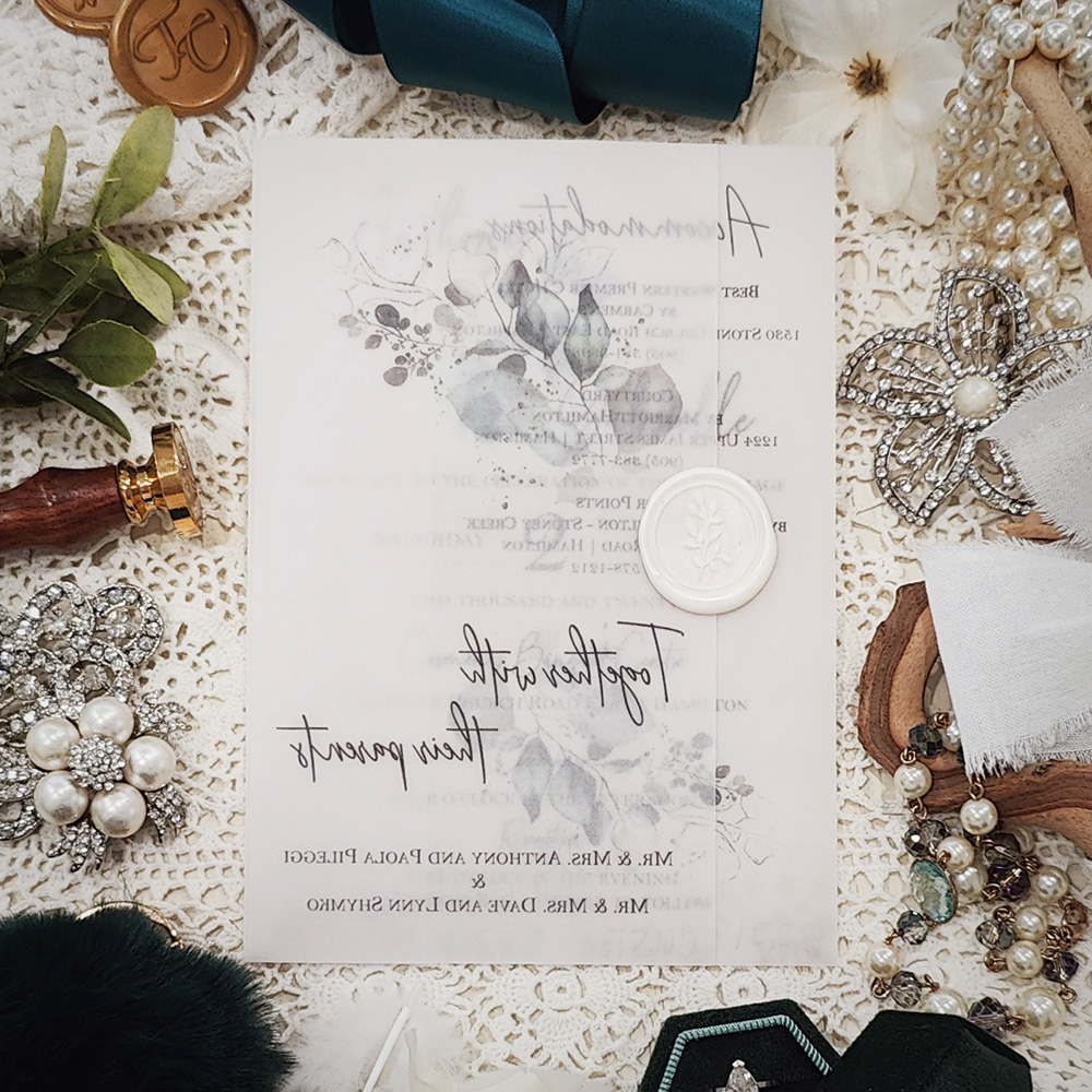 Invitation 3110: Vellum, Ivory Wax - Vellum trifold wedding invite with an ivory wax seal.