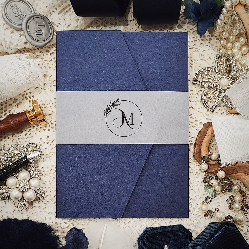 Invitation 3112: Navy Pearl, White Smooth - Trifold wedding invitation with a pocket in Navy with a vellum belly band.