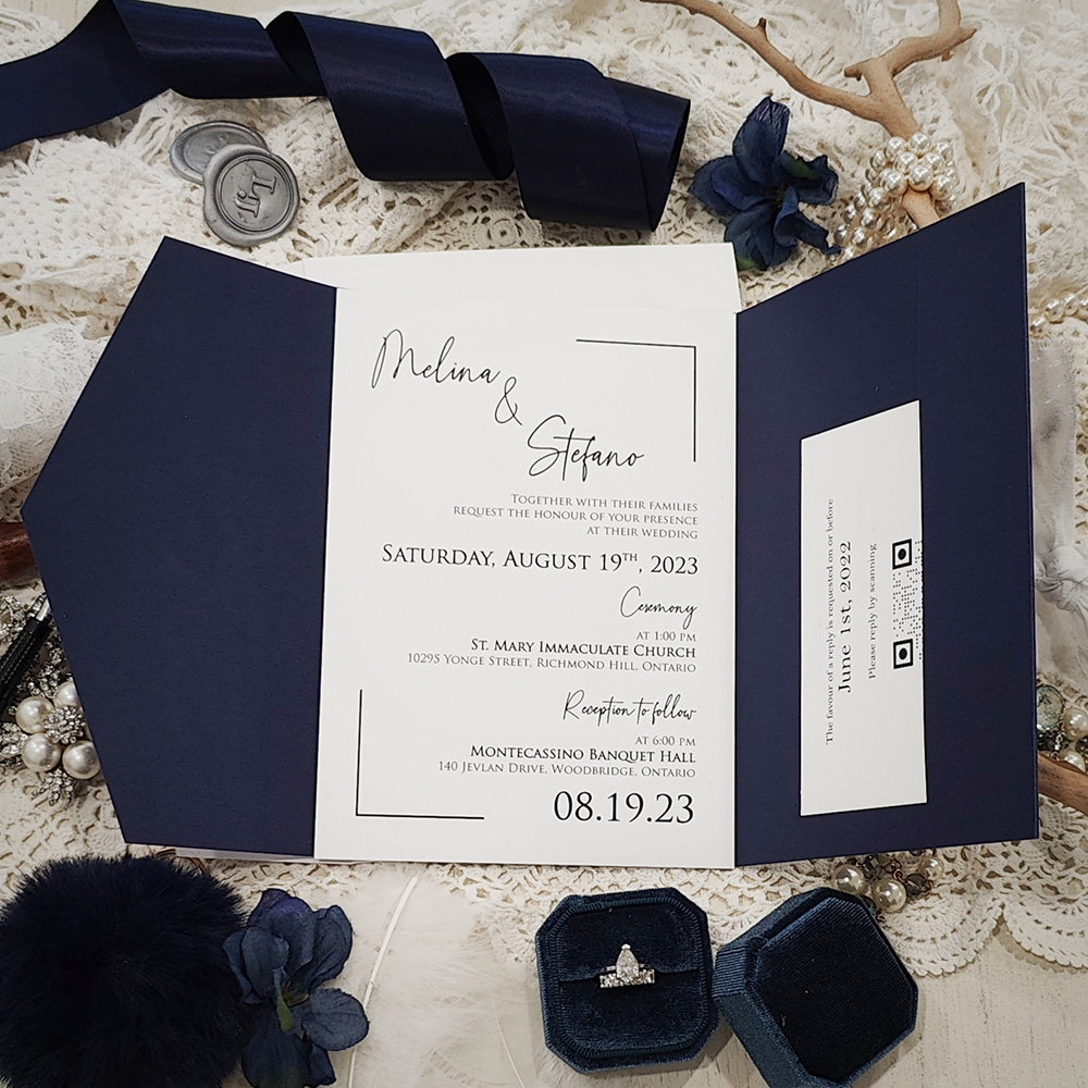 Invitation 3112: Navy Pearl, White Smooth - Trifold wedding invitation with a pocket in Navy with a vellum belly band.