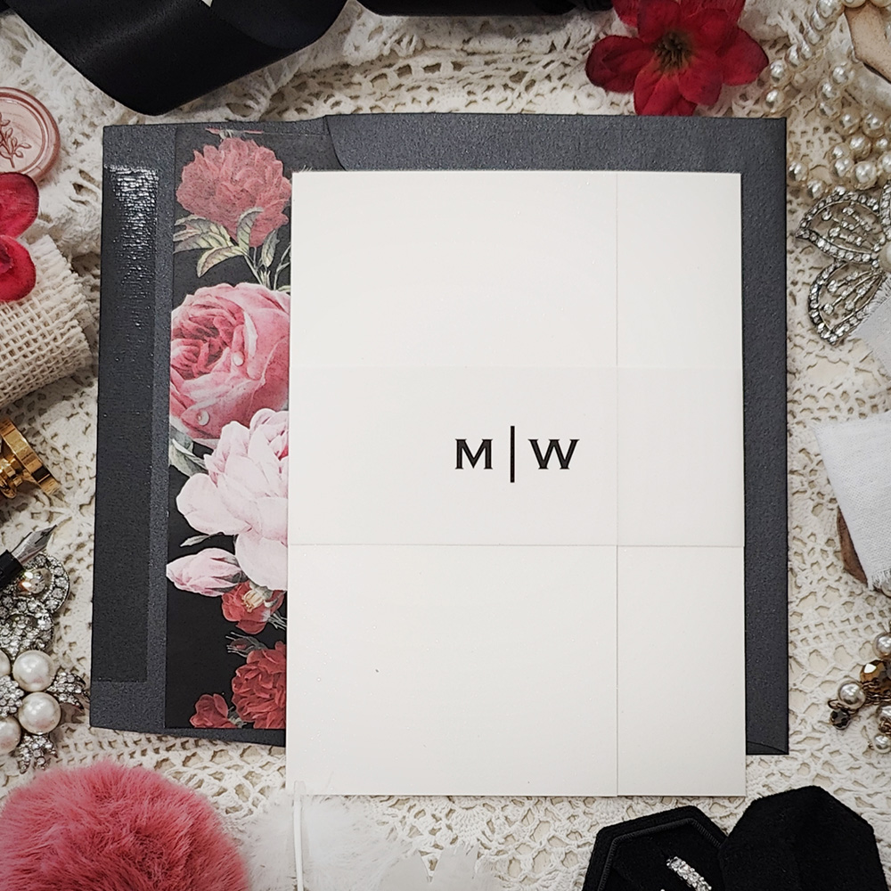 Invitation 3118: Antique Pearl - Pocketfolder wedding card with a printed monogram vellum belly band.