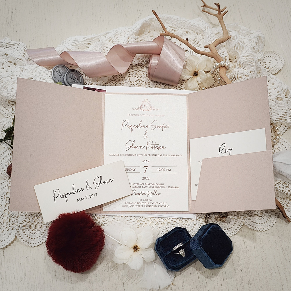 Invitation 3120: Blush Pearl - Trifold wedding invite with a cream cardstock belly band wrapped around.