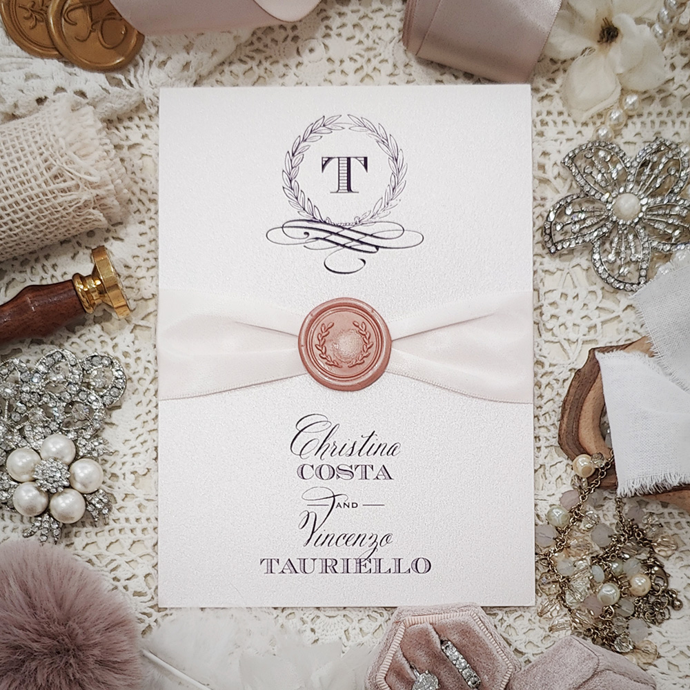 Invitation 3121: White Gold, Blush Wax, Antique Ribbon - Portrait pocketfolder that opens vertically with an antique ribbon and blush wax seal.