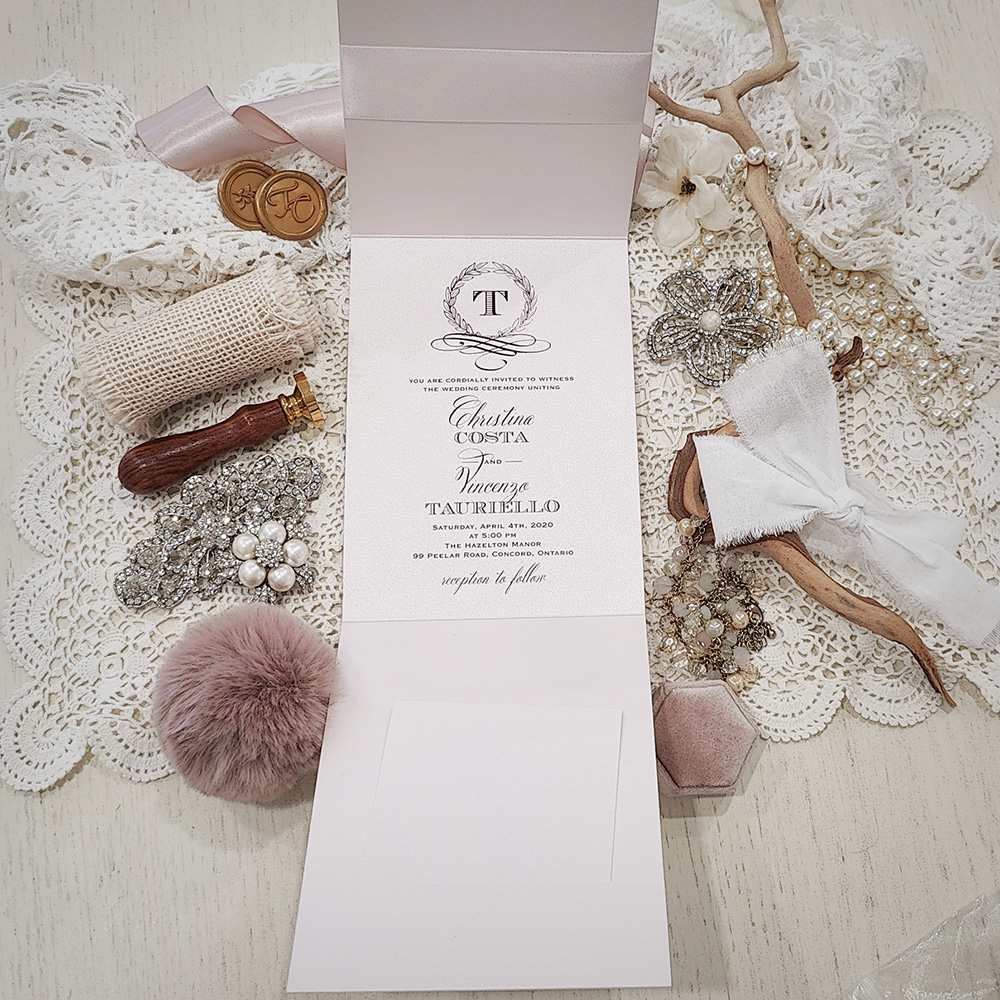 Invitation 3121: White Gold, Blush Wax, Antique Ribbon - Portrait pocketfolder that opens vertically with an antique ribbon and blush wax seal.