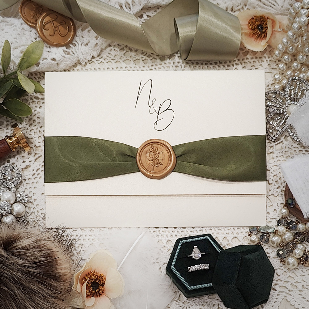 Invitation 3122: White Gold, Gold Wax, Sage Ribbon - Trifold pocketfolder wedding card with a sage ribbon and gold wax seal.