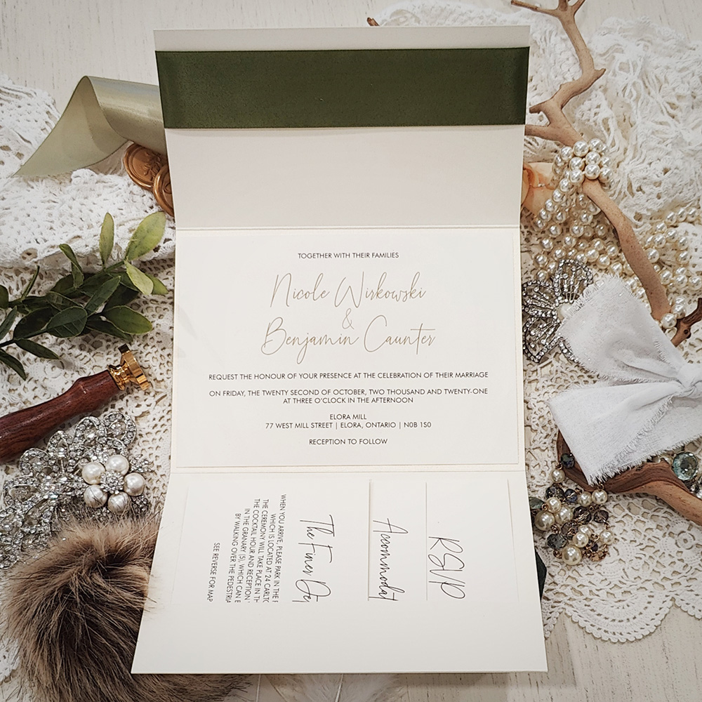 Invitation 3122: White Gold, Gold Wax, Sage Ribbon - Trifold pocketfolder wedding card with a sage ribbon and gold wax seal.