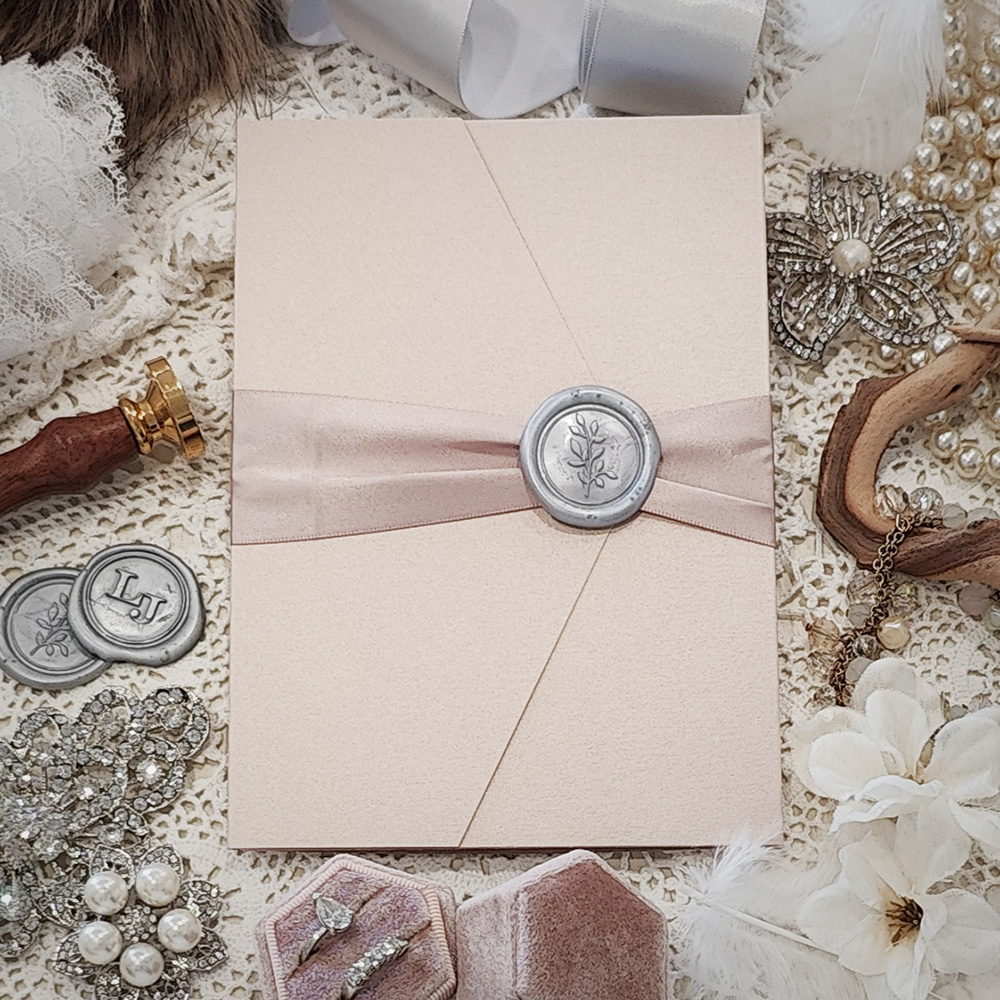 Invitation 3123: Blush Pearl, Silver Wax, Deep Blush Ribbon - Pocketfolder wedding invitation with a deep blush ribbon and silver wax seal.